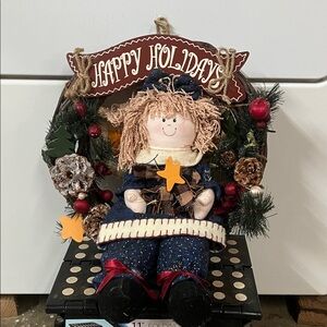 Festive Holiday Wreath with Doll - Blue and Red